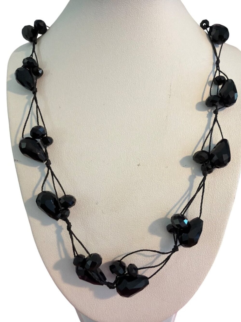 Vintage Black Glass Bead Cluster Necklace Multi Strand Woven Braided 23" Estate